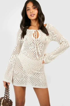 Jumper Dresses|Jumper Dresses*boohoo Petite Floral Crochet Knit Flare Sleeve Mini Dress ivory