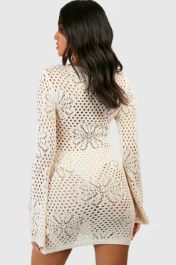 Jumper Dresses|Jumper Dresses*boohoo Petite Floral Crochet Knit Flare Sleeve Mini Dress ivory