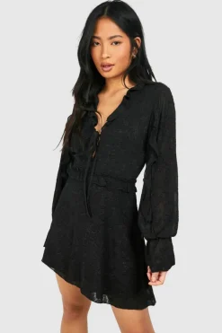 Skater Dresses*boohoo Petite Floral Jaquard Ruffle Mini Dress black