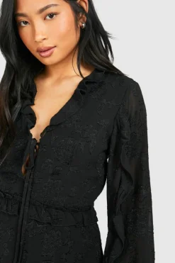 Skater Dresses*boohoo Petite Floral Jaquard Ruffle Mini Dress black