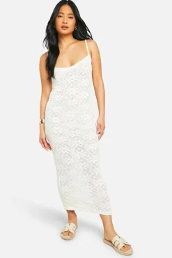 Jumper Dresses|Jumper Dresses*boohoo Petite Floral Knit Strappy Maxi Dress ecru