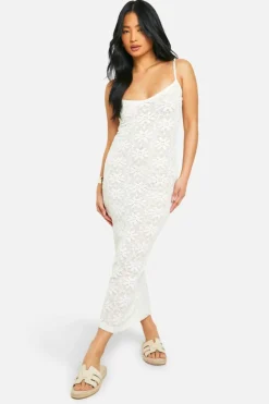 Jumper Dresses|Jumper Dresses*boohoo Petite Floral Knit Strappy Maxi Dress ecru