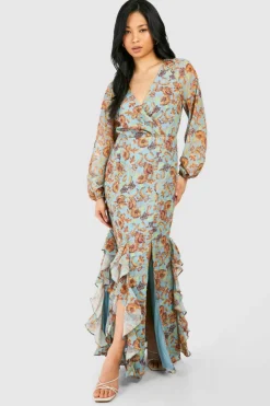 Wrap Dresses*boohoo Petite Floral Print Ruffle Wrap Maxi Dress blue
