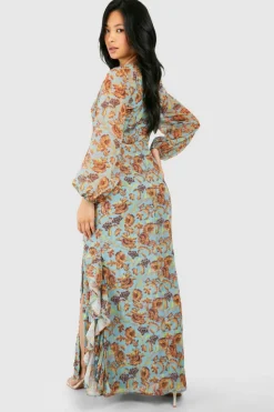 Wrap Dresses*boohoo Petite Floral Print Ruffle Wrap Maxi Dress blue