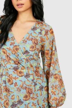 Wrap Dresses*boohoo Petite Floral Print Ruffle Wrap Maxi Dress blue