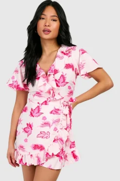 Wrap Dresses|Mini Dresses*boohoo Petite Floral Ruffle Wrap Mini Dress baby pink
