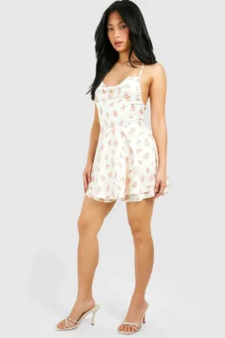 Skater Dresses*boohoo Petite Floral Satin Double Hem Skater Dress pink