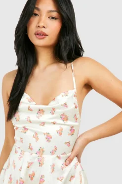 Skater Dresses*boohoo Petite Floral Satin Double Hem Skater Dress pink