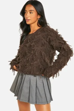 Jumpers|Jumpers & Cardigans*boohoo Petite Fringe Detail Crop Knitted Jumper chocolate