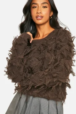 Jumpers|Jumpers & Cardigans*boohoo Petite Fringe Detail Crop Knitted Jumper chocolate