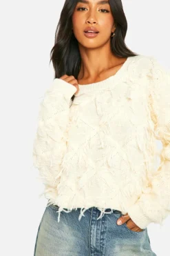 Jumpers|Jumpers & Cardigans*boohoo Petite Fringe Detail Crop Knitted Jumper ivory