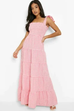 Smock Dresses|Maxi Dresses*boohoo Petite Gingham Pom Pom Shoulder Maxi Dress pink