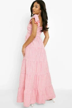 Smock Dresses|Maxi Dresses*boohoo Petite Gingham Pom Pom Shoulder Maxi Dress pink