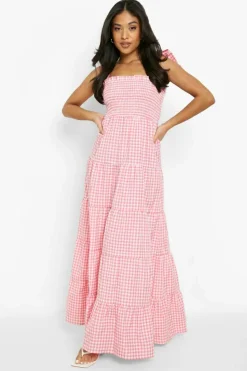 Smock Dresses|Maxi Dresses*boohoo Petite Gingham Pom Pom Shoulder Maxi Dress pink