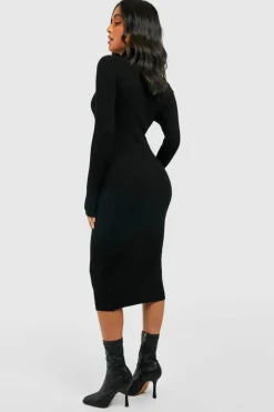 Midi Dresses|Jumper Dresses*boohoo Petite High Neck Rib Knit Midi Dress black