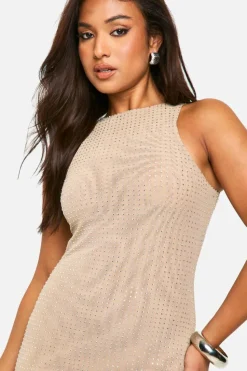 Bodycon Dresses*boohoo Petite Hotfix Diamante Racer Neck Maxi Dress nude