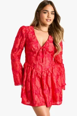 Skater Dresses*boohoo Petite Jacquard Floral Corset Detail Skater Dress red