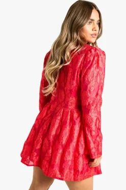Skater Dresses*boohoo Petite Jacquard Floral Corset Detail Skater Dress red