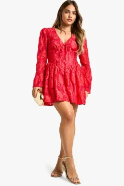 Skater Dresses*boohoo Petite Jacquard Floral Corset Detail Skater Dress red