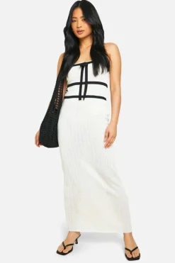 Jumper Dresses|Jumper Dresses*boohoo Petite Knit Contrast Binding Bandeau Maxi Dress ivory