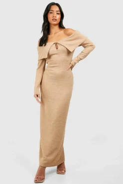 Jumper Dresses|Jumper Dresses*boohoo Petite Knitted Bardot Keyhole Maxi Dress camel
