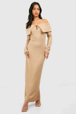 Jumper Dresses|Jumper Dresses*boohoo Petite Knitted Bardot Keyhole Maxi Dress camel