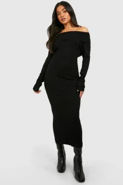 Jumper Dresses|Jumper Dresses*boohoo Petite Knitted Bardot Midaxi Dress black