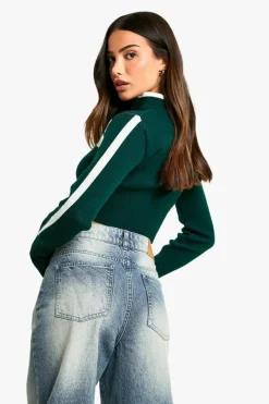 Cardigans*boohoo Petite Knitted Stripe Detail Zip Though Crop Cardigan green