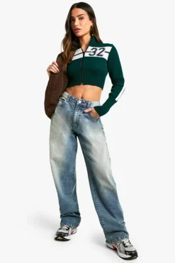 Cardigans*boohoo Petite Knitted Stripe Detail Zip Though Crop Cardigan green