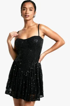 Skater Dresses|Mini Dresses*boohoo Petite Lace Sequin Dropped Waist Skater Dress black