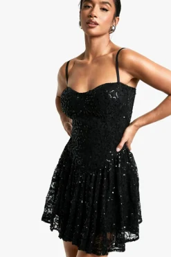 Skater Dresses|Mini Dresses*boohoo Petite Lace Sequin Dropped Waist Skater Dress black