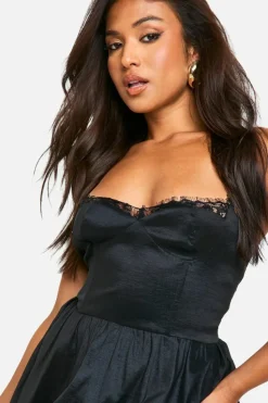 Skater Dresses*boohoo Petite Lace Trim Puffball Mini Dress black