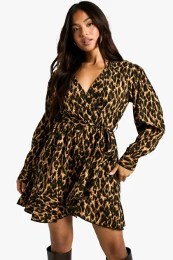 Wrap Dresses*boohoo Petite Leopard Print Ruffle Woven Wrap Dress animal