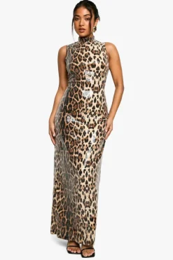 Maxi Dresses*boohoo Petite Sequin Racer Neck Maxi Dress leopard