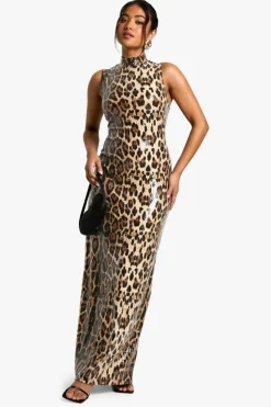 Maxi Dresses*boohoo Petite Sequin Racer Neck Maxi Dress leopard