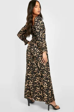 Skater Dresses*boohoo Petite Leopard Shirred Detail Maxi Dress black