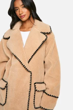 Up To 80% Off Winter Warmers|Teddy Jackets*boohoo Petite Longline Blanket Stitch Teddy Jacket beige