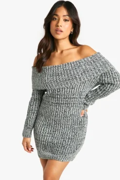Jumper Dresses|Jumper Dresses*boohoo Petite Marl Boucle Knit Bardot Jumper Dress black