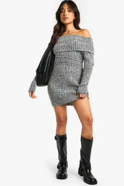 Jumper Dresses|Jumper Dresses*boohoo Petite Marl Boucle Knit Bardot Jumper Dress black
