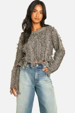 Jumpers|Jumpers & Cardigans*boohoo Petite Marl Frayed Hem Crop Knitted Jumper brown