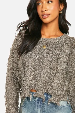 Jumpers|Jumpers & Cardigans*boohoo Petite Marl Frayed Hem Crop Knitted Jumper brown