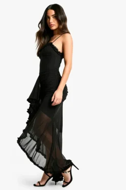 Maxi Dresses*boohoo Petite Mesh Ruffle Maxi Dress black