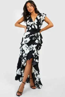 Wrap Dresses|Maxi Dresses*boohoo Petite Mono Floral Wrap Ruffle Maxi Dress black