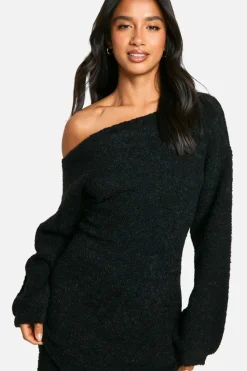 Maxi Dresses|Jumper Dresses*boohoo Petite Off The Shoulder Borg Knitted Maxi Dress black