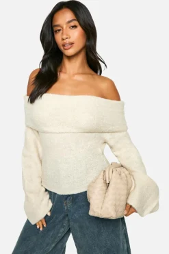 Jumpers|Jumpers & Cardigans*boohoo Petite Off The Shoulder Borg Knit Jumper cream