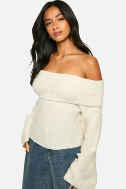 Jumpers|Jumpers & Cardigans*boohoo Petite Off The Shoulder Borg Knit Jumper cream