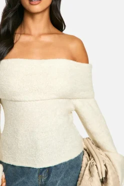 Jumpers|Jumpers & Cardigans*boohoo Petite Off The Shoulder Borg Knit Jumper cream