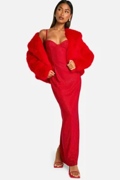Up To 80% Off Winter Warmers|Faux Fur Coats*boohoo Petite Oversized Collar Faux Fur Jacket red