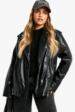 Up To 80% Off Winter Warmers|Biker Jackets*boohoo Petite Oversized Faux Leather Biker Jacket black