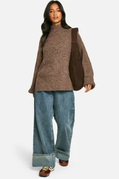 Oversized Jumpers|Jumpers*boohoo Petite Oversized High Neck Knitted Jumper mocha